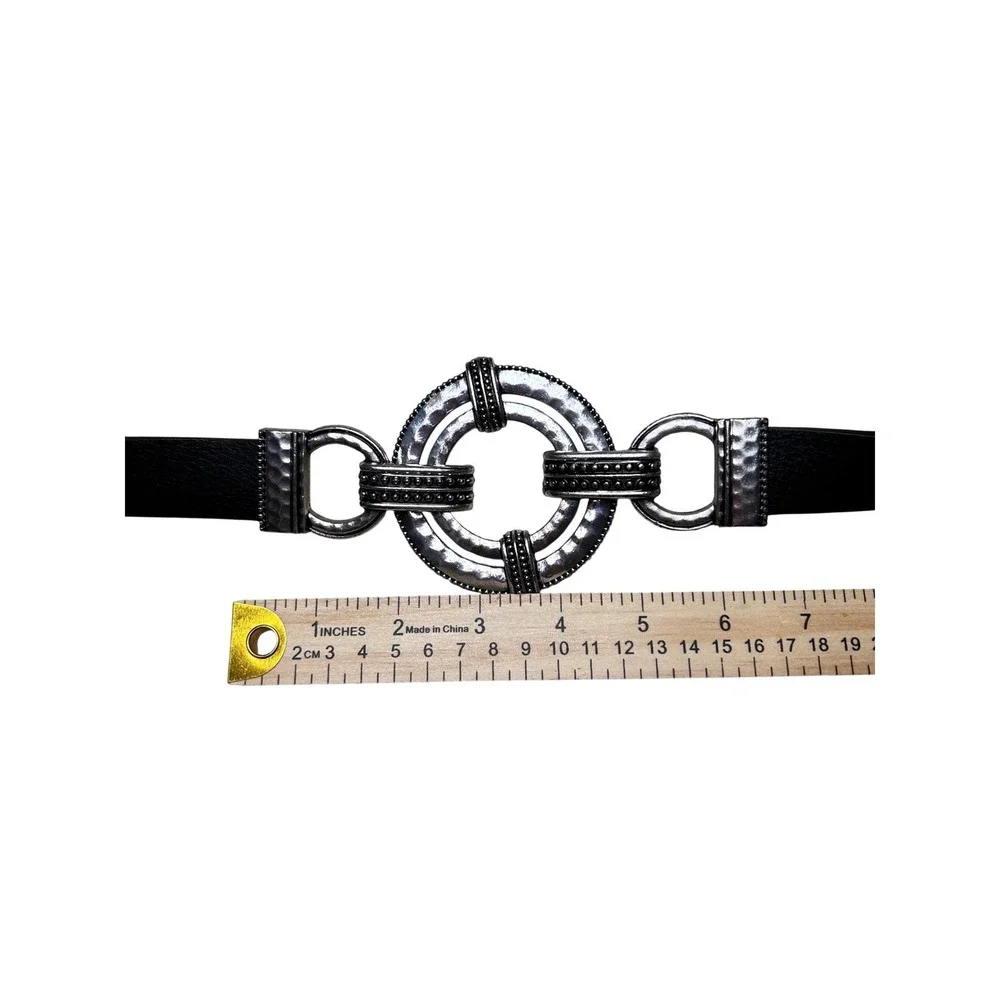 Chicos Black Genuine Leather Medallion Belt Silver Hammered Buckle AdjustableS/M